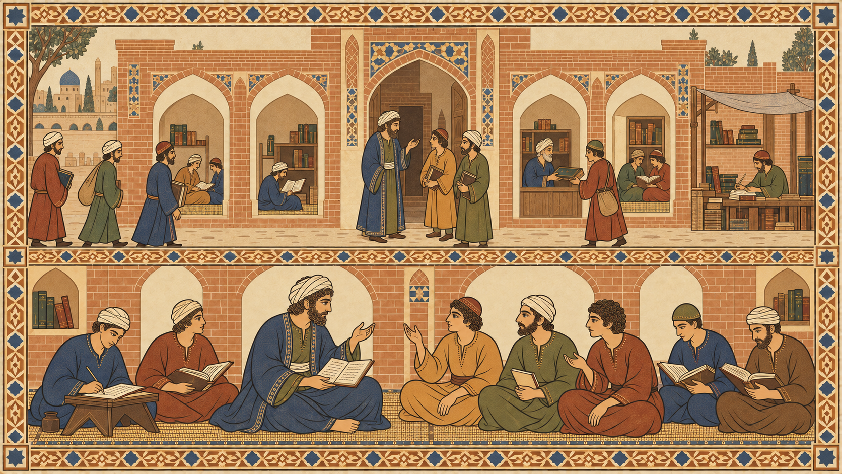 دو تصویر روی هم از نظامیه: بالا، ورود شاگردان، گردش کتاب‌ها و حجره‌های مطالعه؛ پایین، تدریس استاد، پرسش‌وپاسخ شاگردان، خواندن و یادداشت‌برداری.