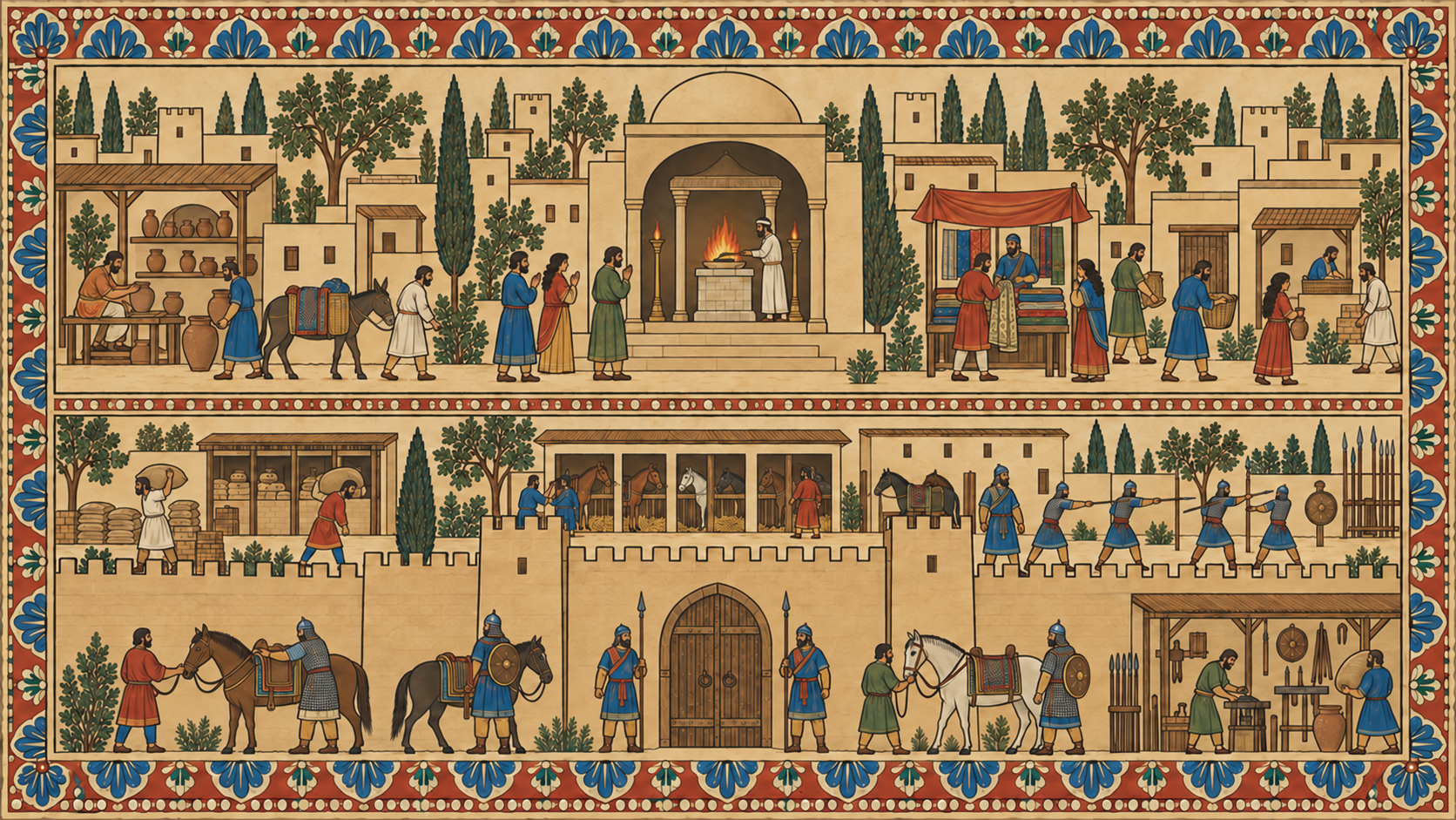 دو تصویر روی هم از جی در دورهٔ ساسانی: بالا، آتشکده با آتشدانِ سرپوشیده، مردم و کارگاه‌ها؛ پایین، بارو، نگهبانان، اصطبل و آماده‌سازی اسب‌ها و سربازان.