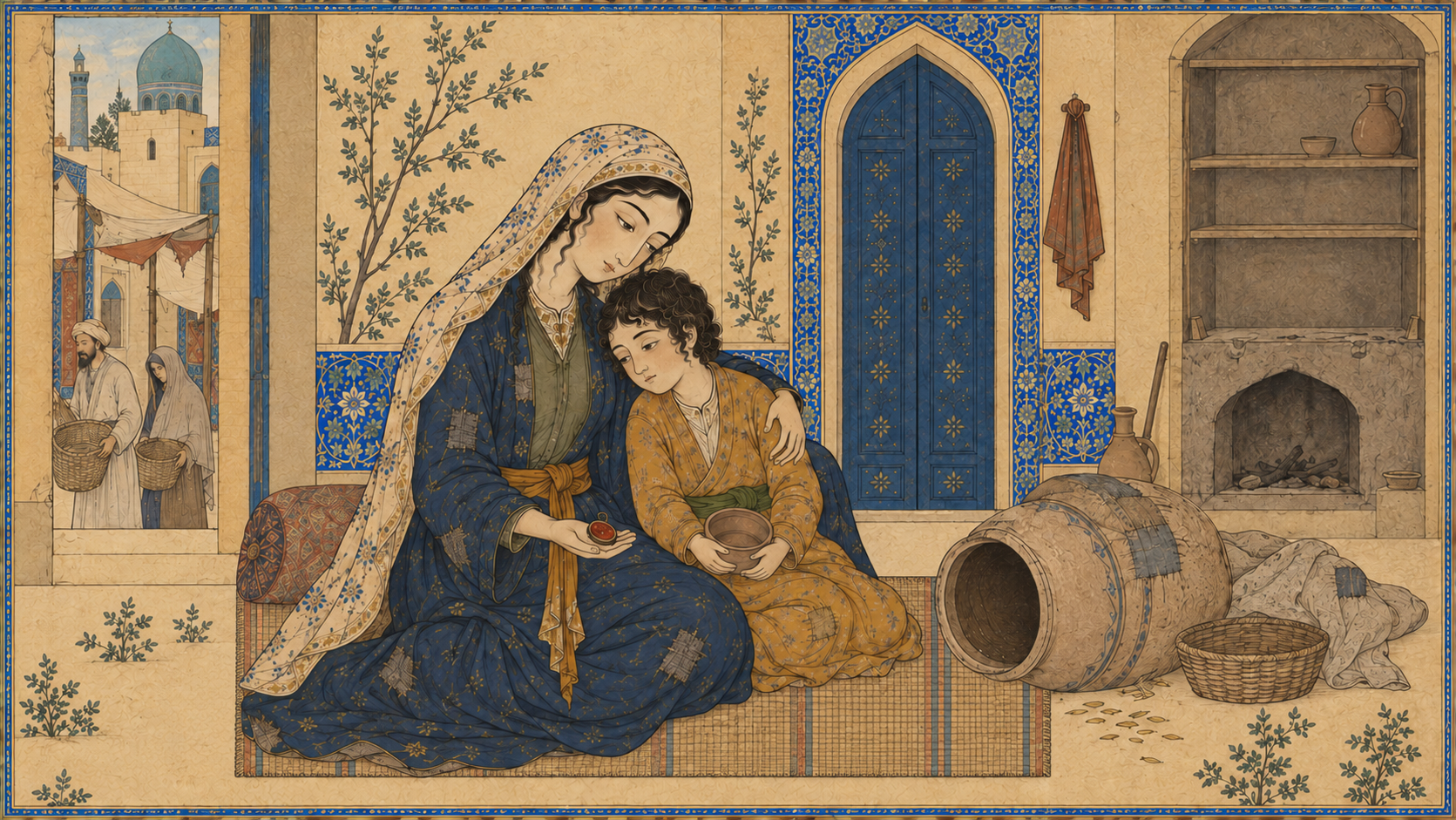 زنی کنار کودک، خمرهٔ خالی و دارایی اندکش در روزهای گرسنگی شهر