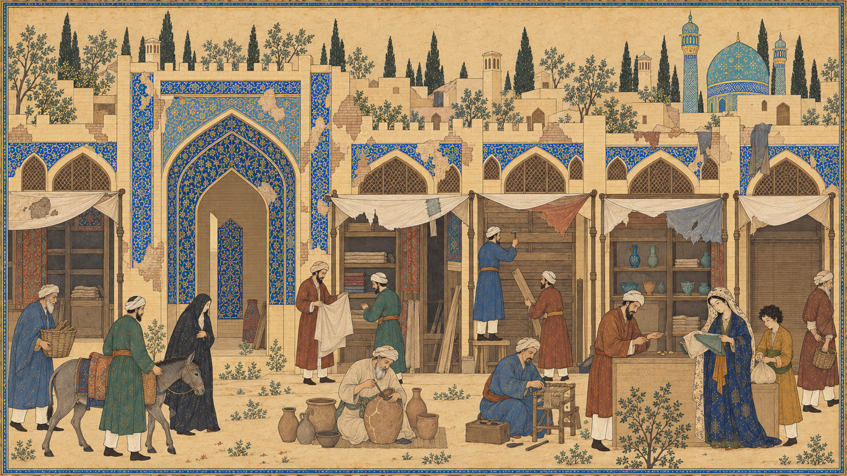پیشه‌وران در دکان کوچک، میان بازار کم‌رونق و بناهای آسیب‌دیده